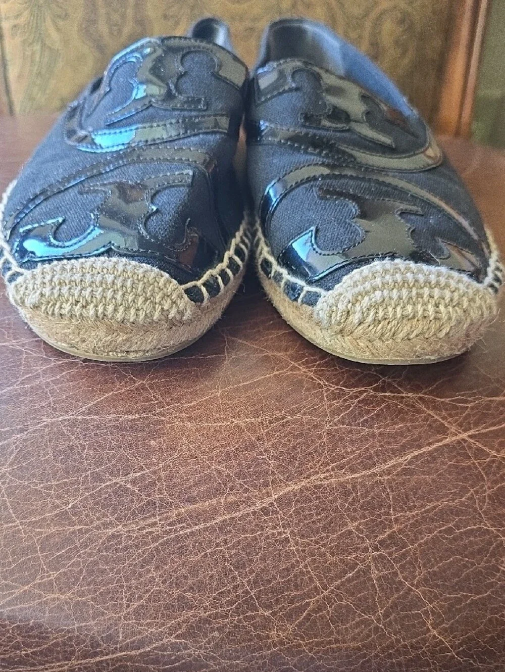 Tory Burch Black Espadrille Flats with Logo Appliqué